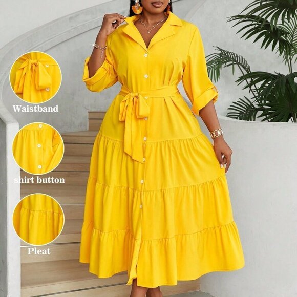 Yellow Casual Women's Plus Size V-Neck Button-Front Long Sleeve Dress - Picture 3 of 6